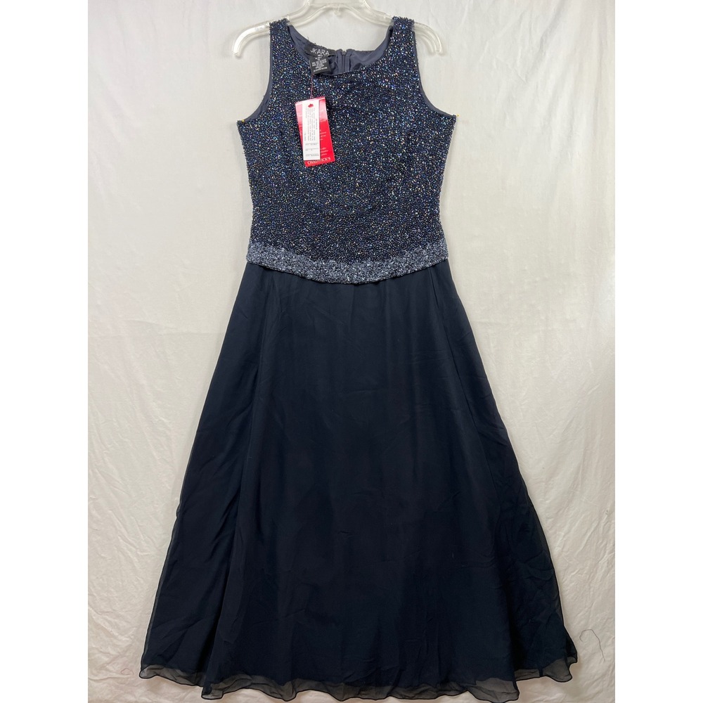 JKARA Beaded Evening Gown Women 12 Navy Sleeveless Chiffon Formal Maxi Dress